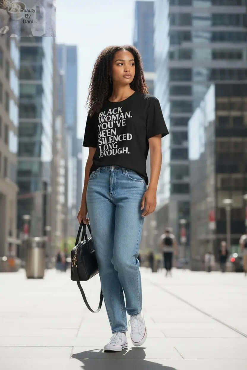 Black Woman Empowerment T-Shirt in cotton with graphic celebrating strength and beauty
