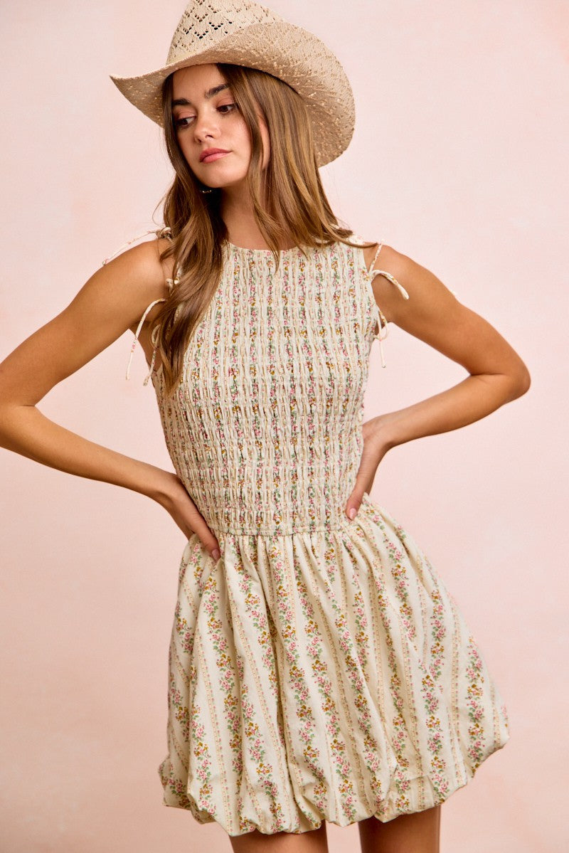 BiBi Floral Bow Tie dress with detachable puff sleeves and floral print