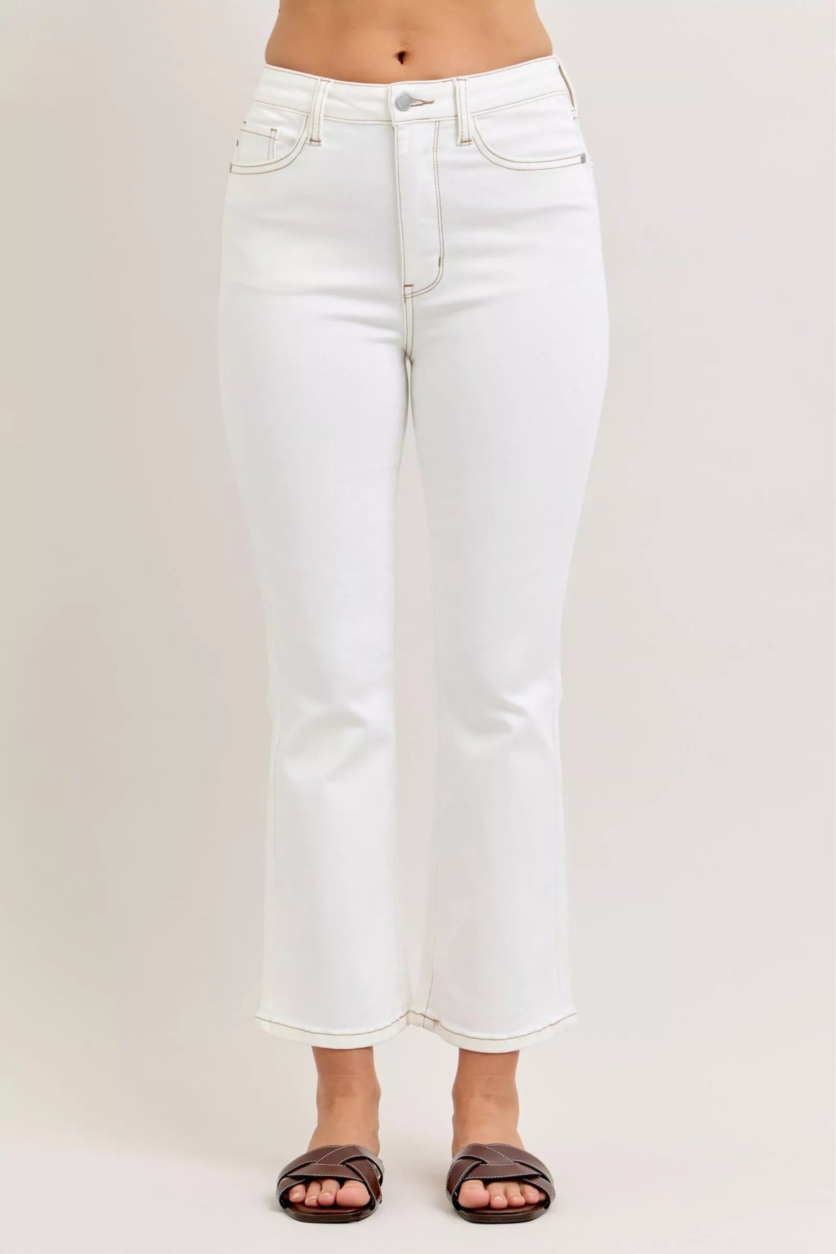 Judy Blue Contrast Stitching Cropped Flare Jeans with unique pocketed design and slight stretch