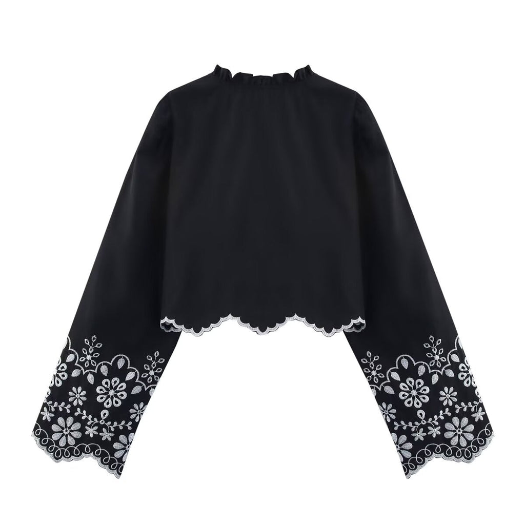 Spring Women Clothing French Design Hollow Out Cutout Embroidered Cotton Top