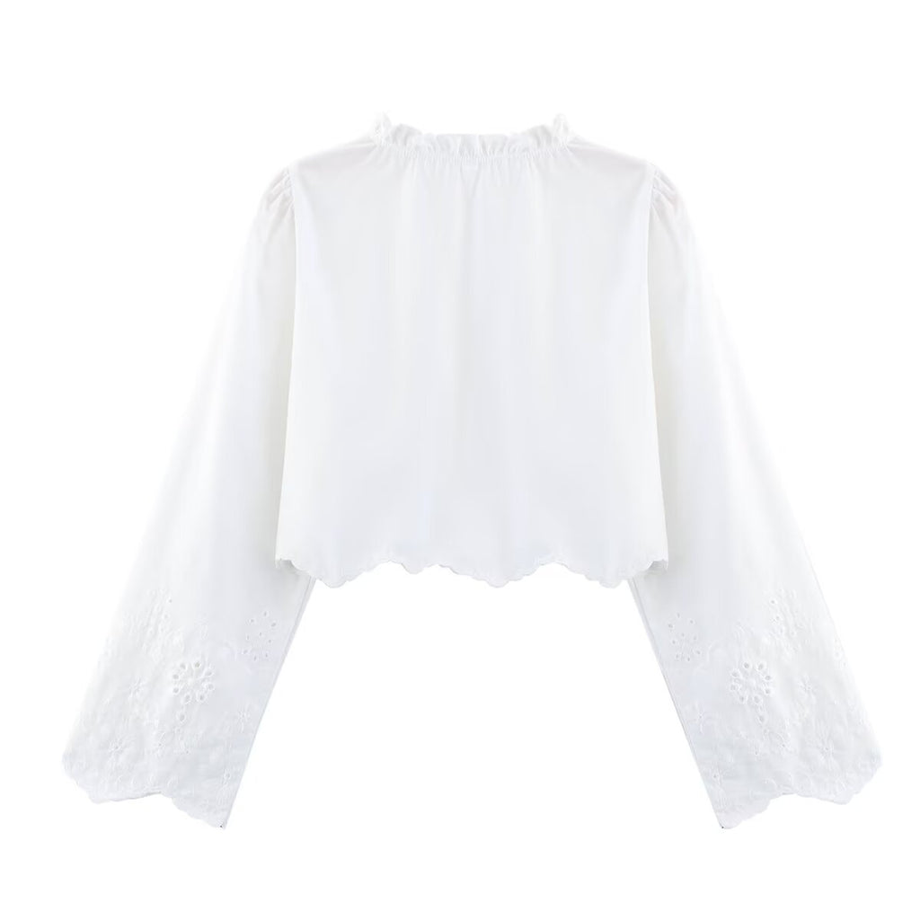 Spring Women Clothing French Design Hollow Out Cutout Embroidered Cotton Top