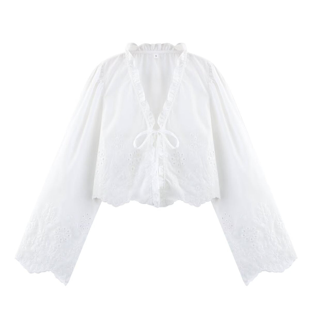 Spring Women Clothing French Design Hollow Out Cutout Embroidered Cotton Top