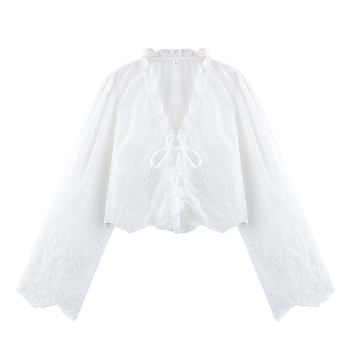Elegant spring women's blouse with floral embroidery and V-neck cutout design