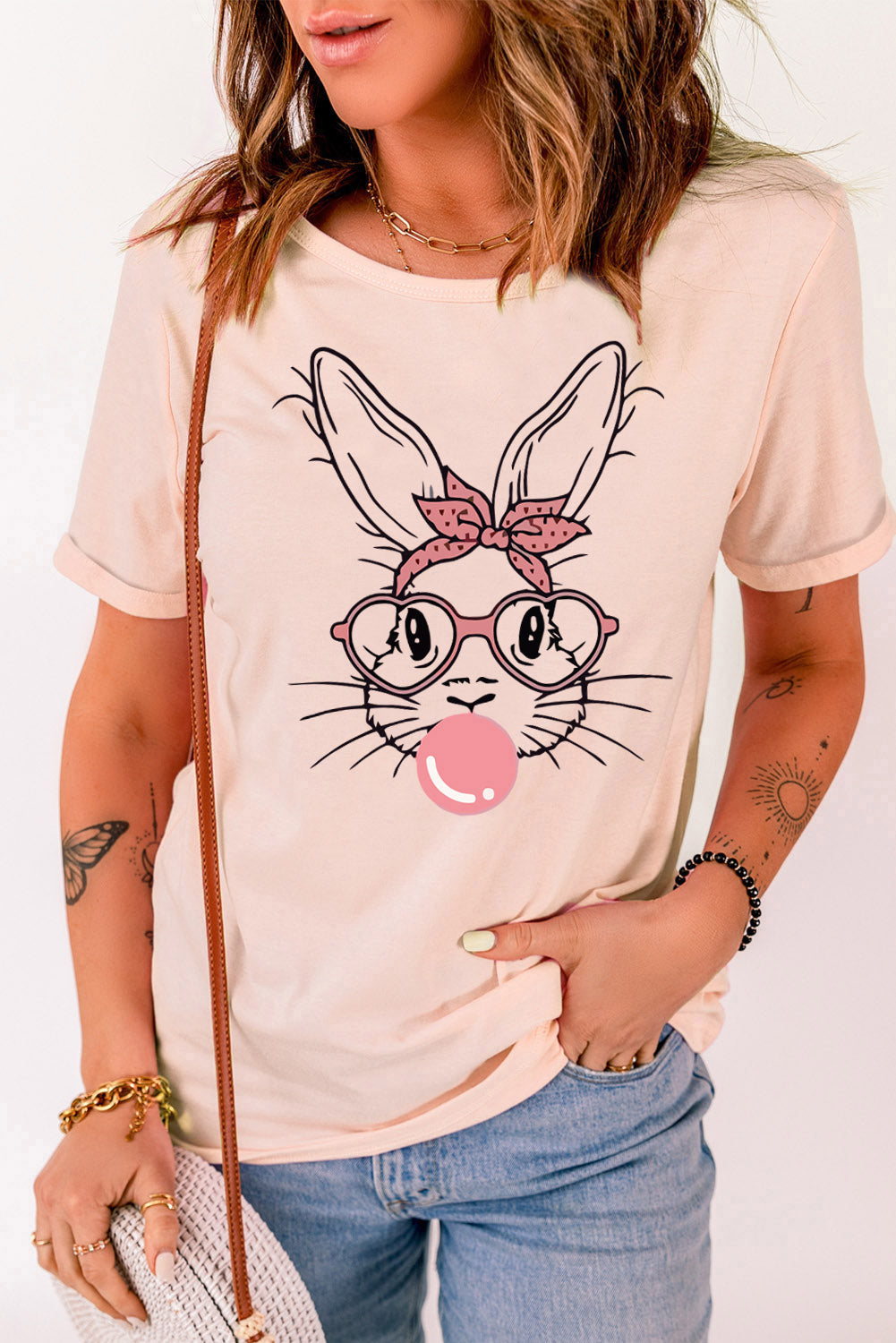 White round neck short sleeve Rabbit Graphic T-Shirt with basic style and opaque polyester blend material