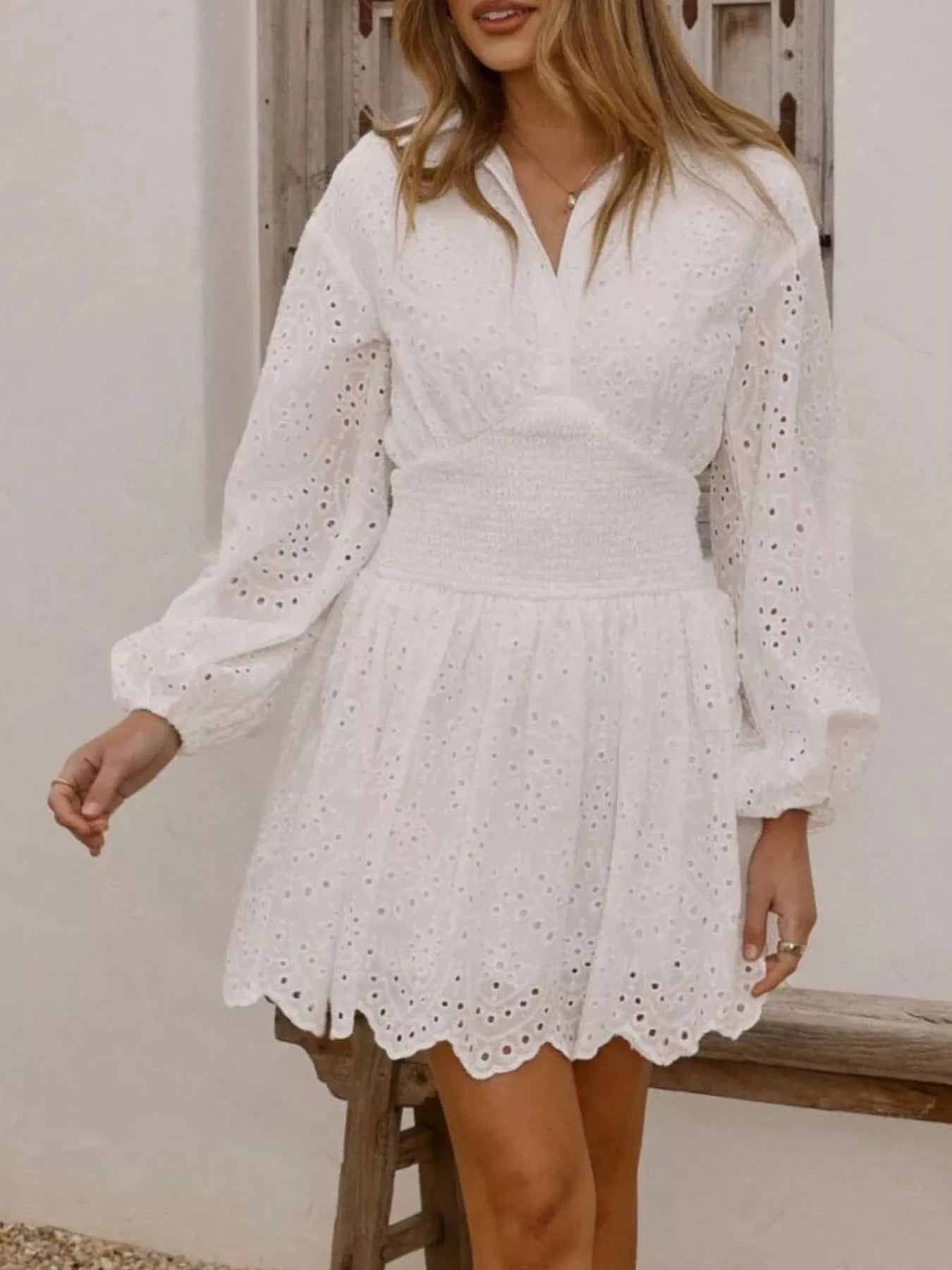 White eyelet balloon sleeve mini dress with ruched smocked detailing