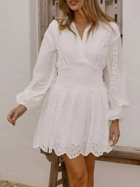 White eyelet balloon sleeve mini dress with ruched smocked detailing