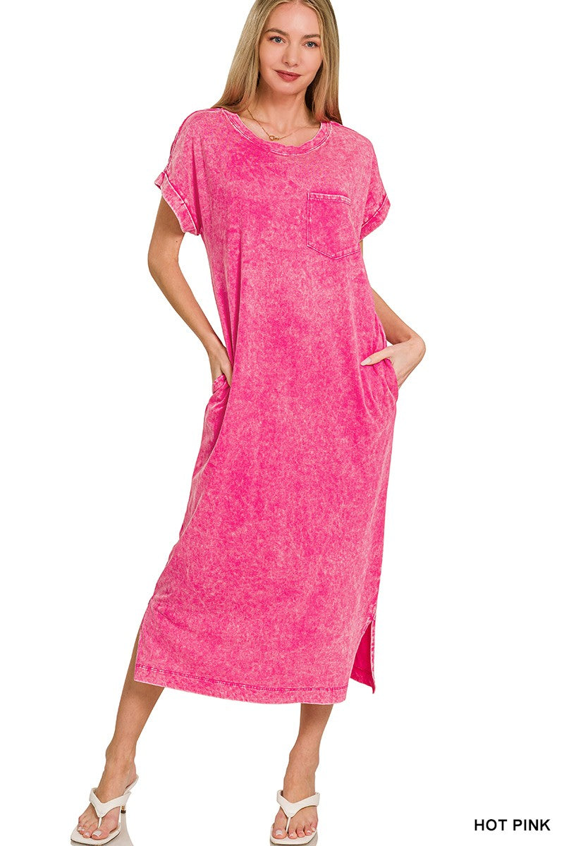 Casual washed exposed seam short sleeve T-shirt dress with pocket and slit
