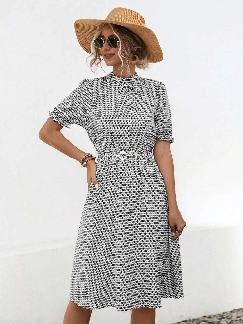 Printed mock neck dress with flounce sleeves and tie detail, opaque polyester blend, machine washable
