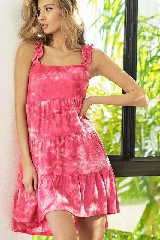 BiBi Tie Dye printed soft rib knit dress with ruffled band and vibrant tie dye colors
