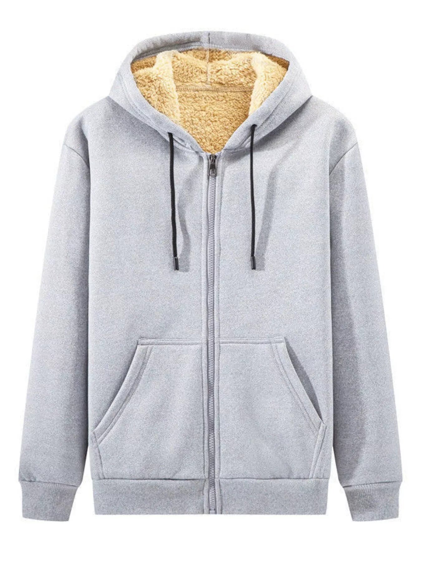 Men's plus size sherpa lined zip-up hoodie with drawstring pockets and zipper closure