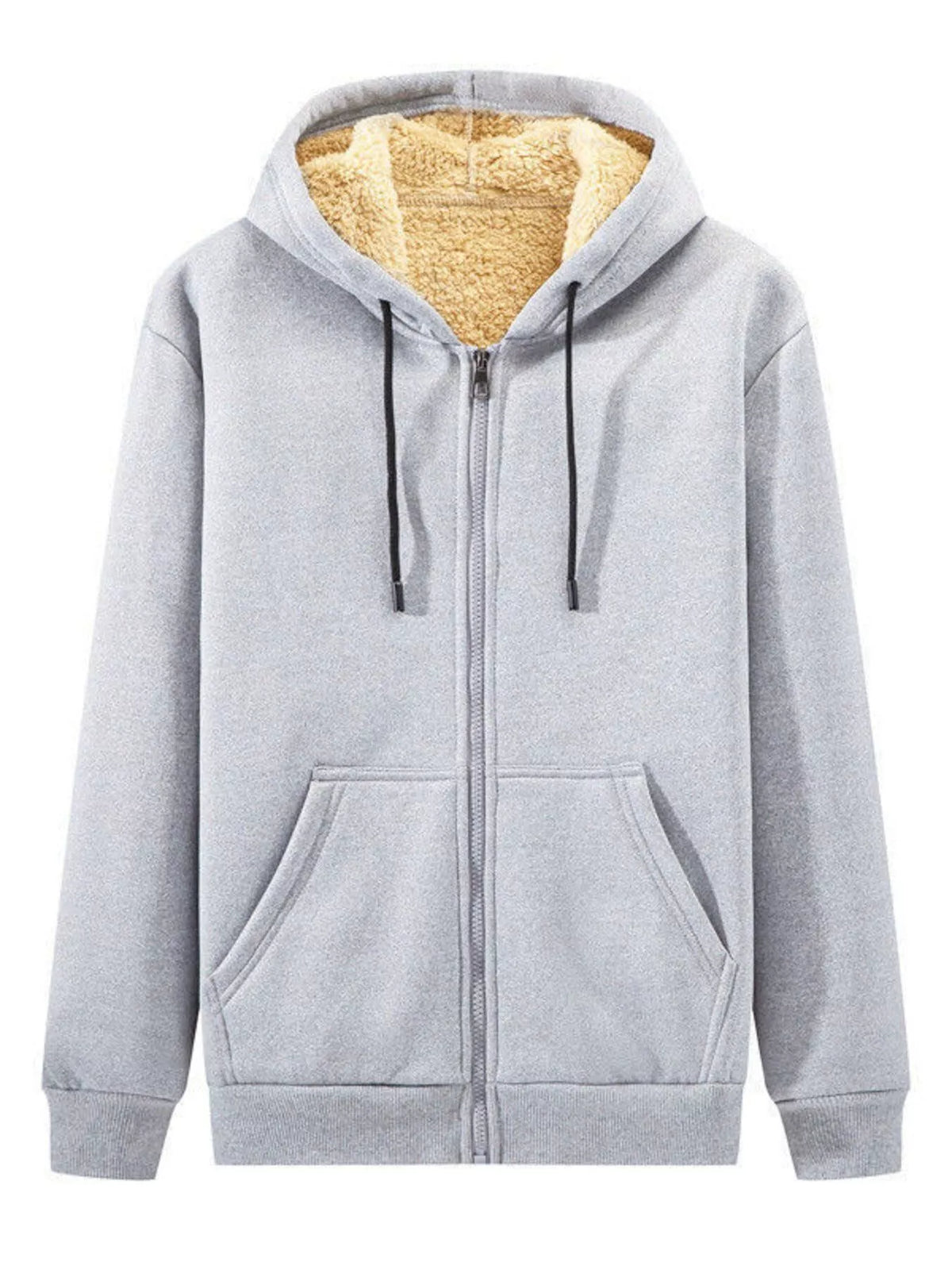 Men's plus size sherpa lined zip-up hoodie with drawstring pockets and zipper closure