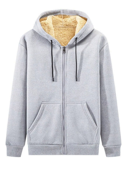 Men's plus size sherpa lined zip-up hoodie with drawstring pockets and zipper closure