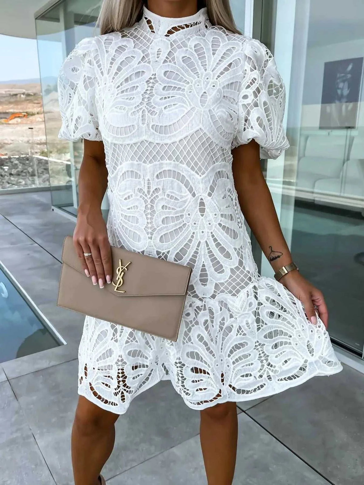 Lace mock neck puff sleeve dress with ruffles and zipper, 100% polyester, no stretch, machine washable