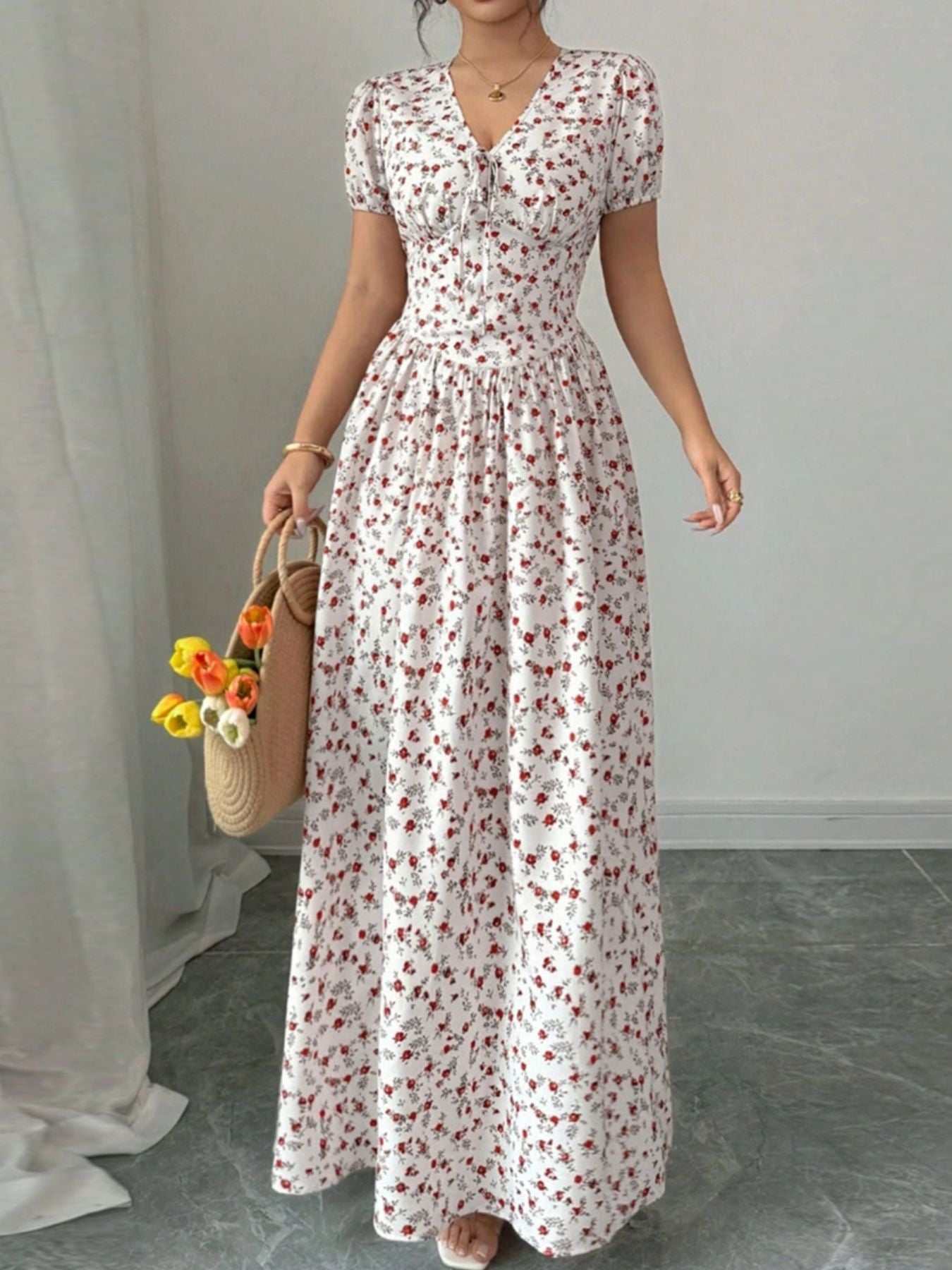 Floral print V-neck maxi dress with smocked bodice and drawstring waist in polyester fabric