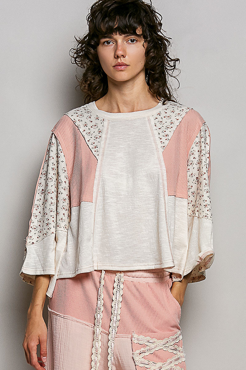 POL Exposed Seam floral patchwork round neck textured slub knit top with 3/4 sleeves and relaxed fit