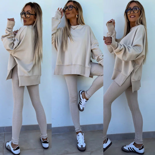 Women’s casual sweater suit with loose split top and fitted trousers set in soft fabric for cozy comfort and stylish look