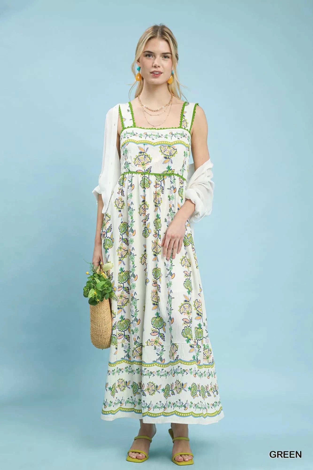Umgee Floral Print tiered midi dress with square neckline and scalloped wide straps