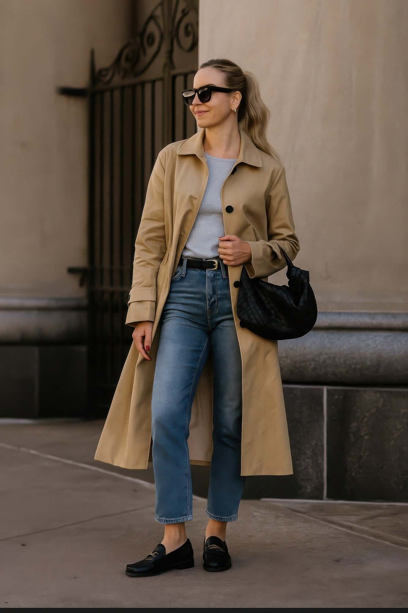 Women's Classic Lined Trench Coat in spring setting with adjustable sleeves and functional pockets