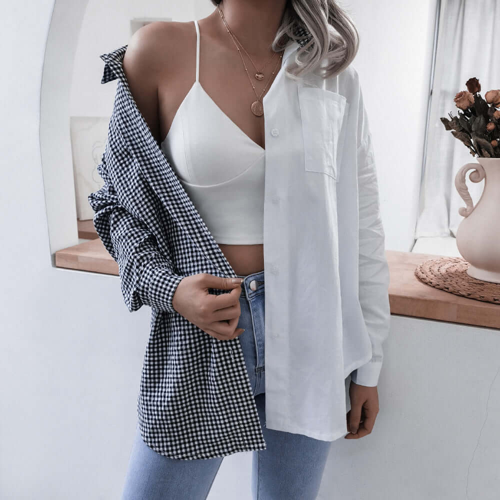 Spring summer casual loose cotton plaid stitching shirt for women