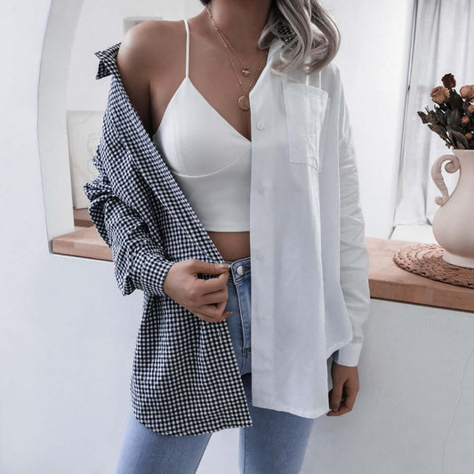 Spring summer casual loose cotton plaid stitching shirt for women