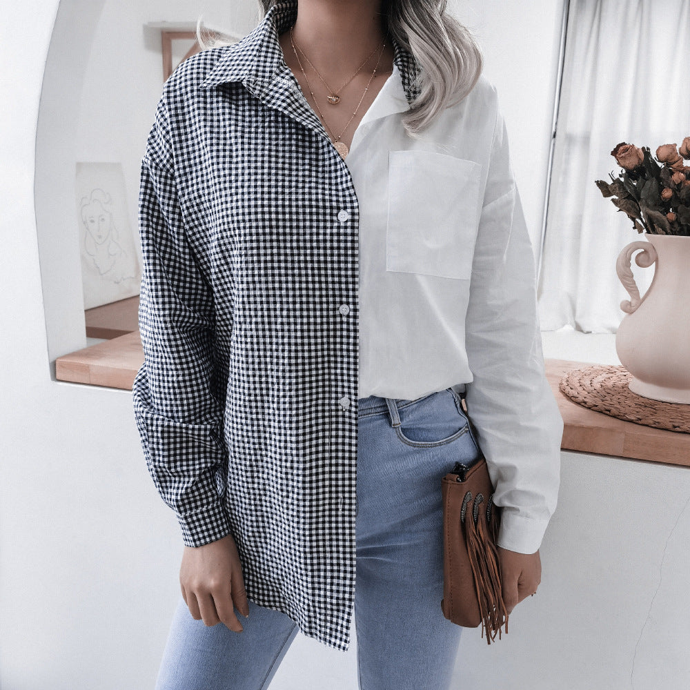 Spring Summer Casual Plaid Stitching Loose Cotton Shirt Women Clothing