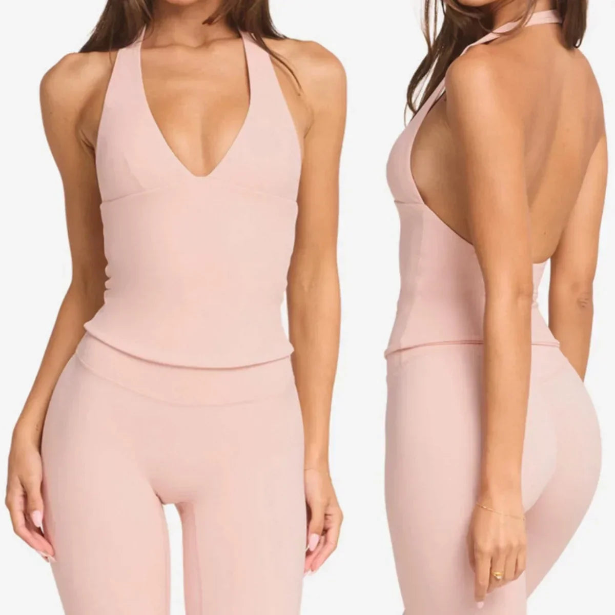 Woman wearing top gym impact halter top for high-impact workouts