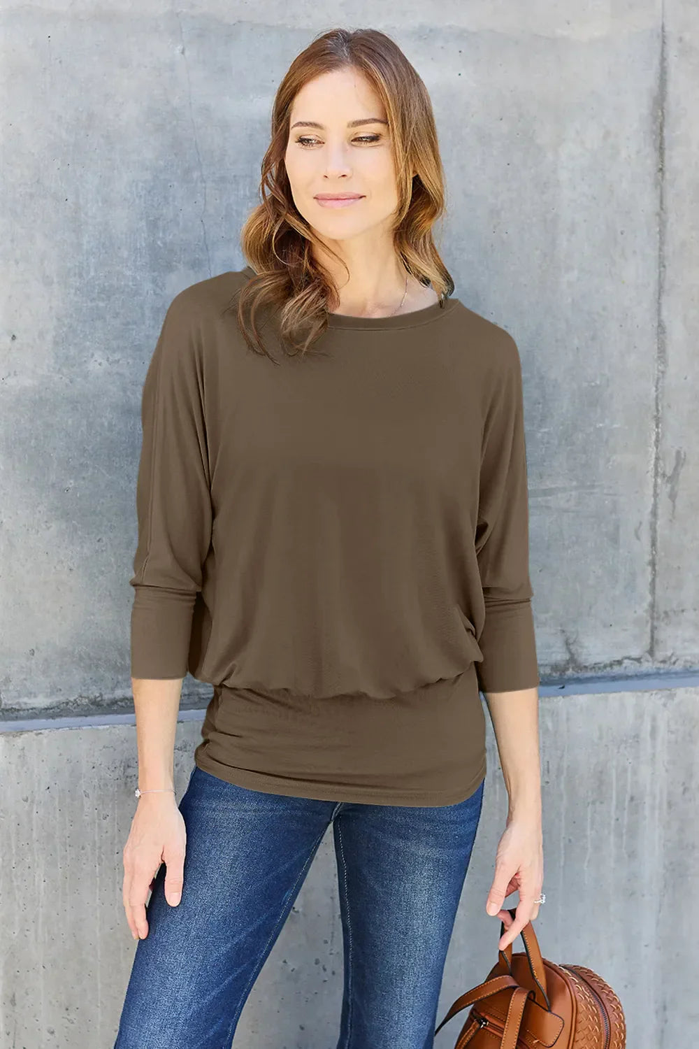 Basic Bae Full Size round neck batwing sleeve top in black, slightly stretchy rayon blend, available in multiple sizes