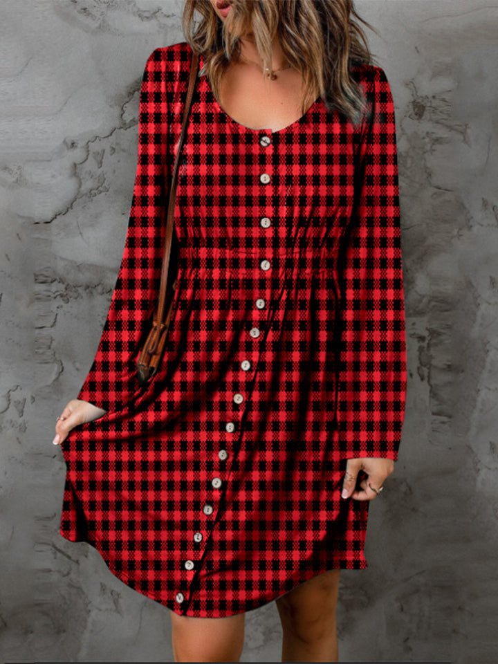 Double Take Full Size plaid round neck long sleeve mini dress with buttoned A-line design