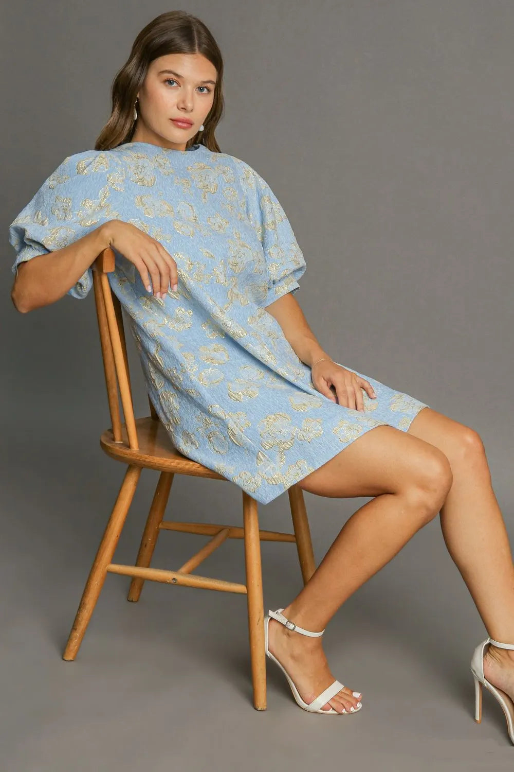 Umgee Floral Jacquard Puff Sleeve Mini Dress with fitted bodice and flared skirt in floral jacquard fabric