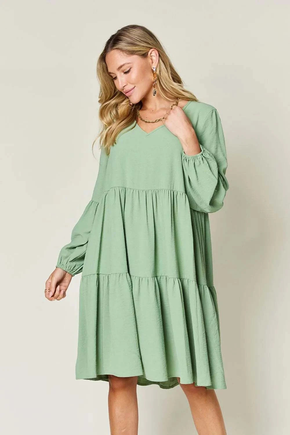 Double Take Full Size V-neck balloon sleeve tiered dress with pockets and ruffles