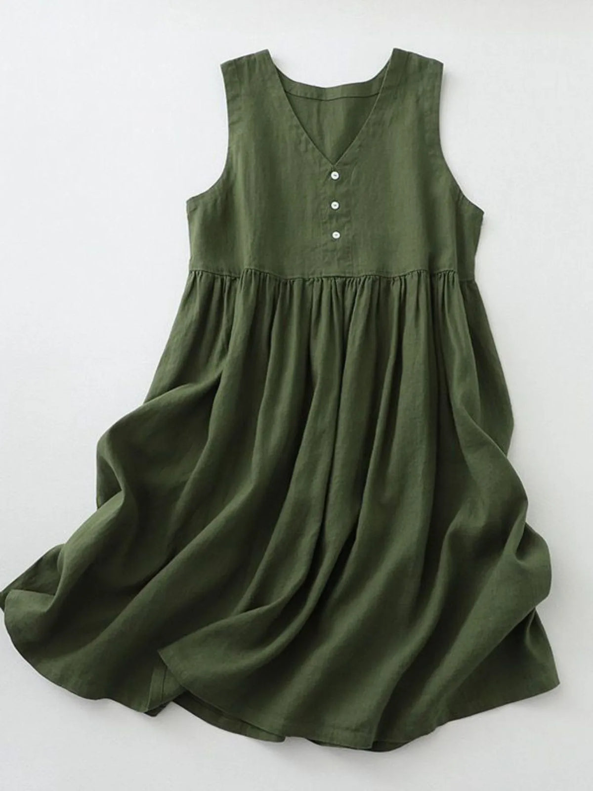 V-neck button detail sleeveless midi dress 100% cotton basic style no stretch machine wash