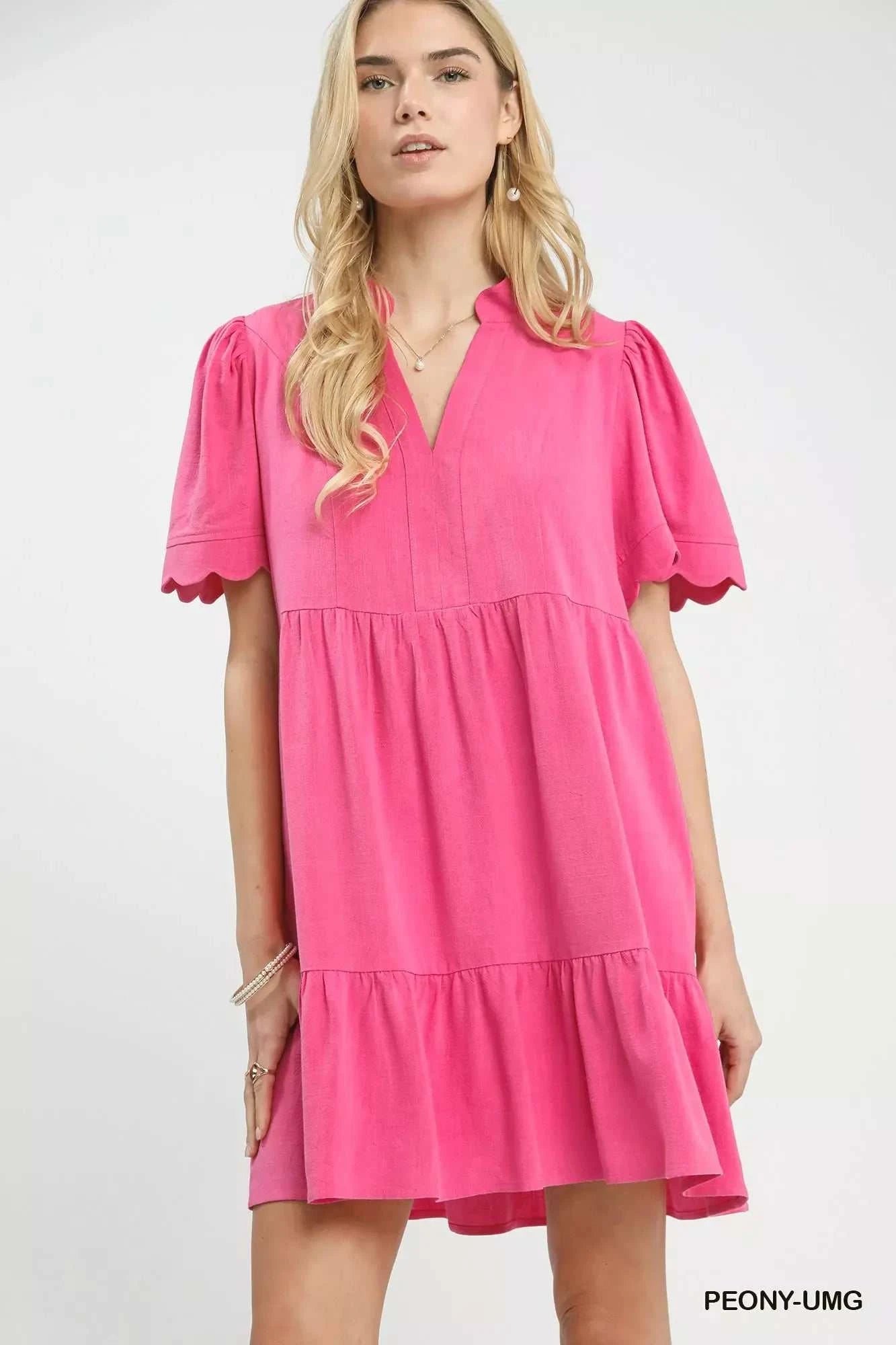 Umgee Linen Tiered Babydoll Dress with scalloped sleeves and split V-neck in linen-cotton blend with pockets and lining