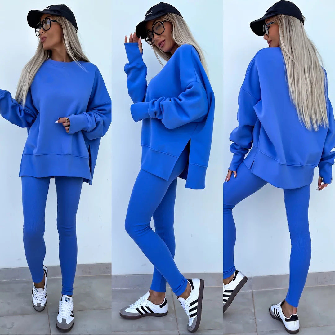 Women’s Casual Sweater Suit – Loose Split Top & Fitted Trousers Set