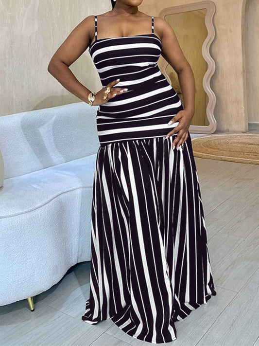 Plus size striped spaghetti strap maxi dress with slight stretch and polyester blend fabric