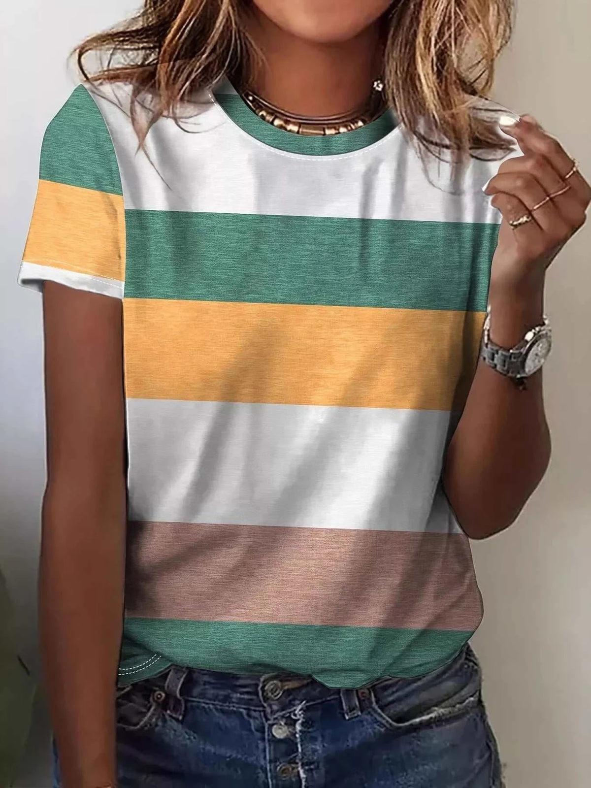 Plus size striped casual round neck t-shirt in basic style with slight stretch, 100% polyester