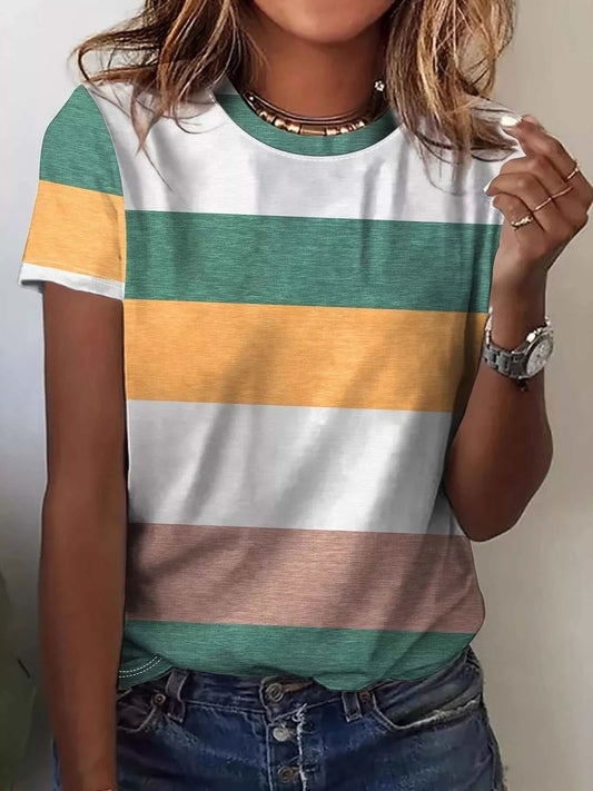 Plus size striped casual round neck t-shirt in basic style with slight stretch, 100% polyester