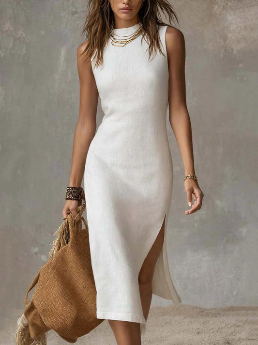 Plus size full size sleeveless mock neck slit midi dress in polyester with buttoned details and no stretch