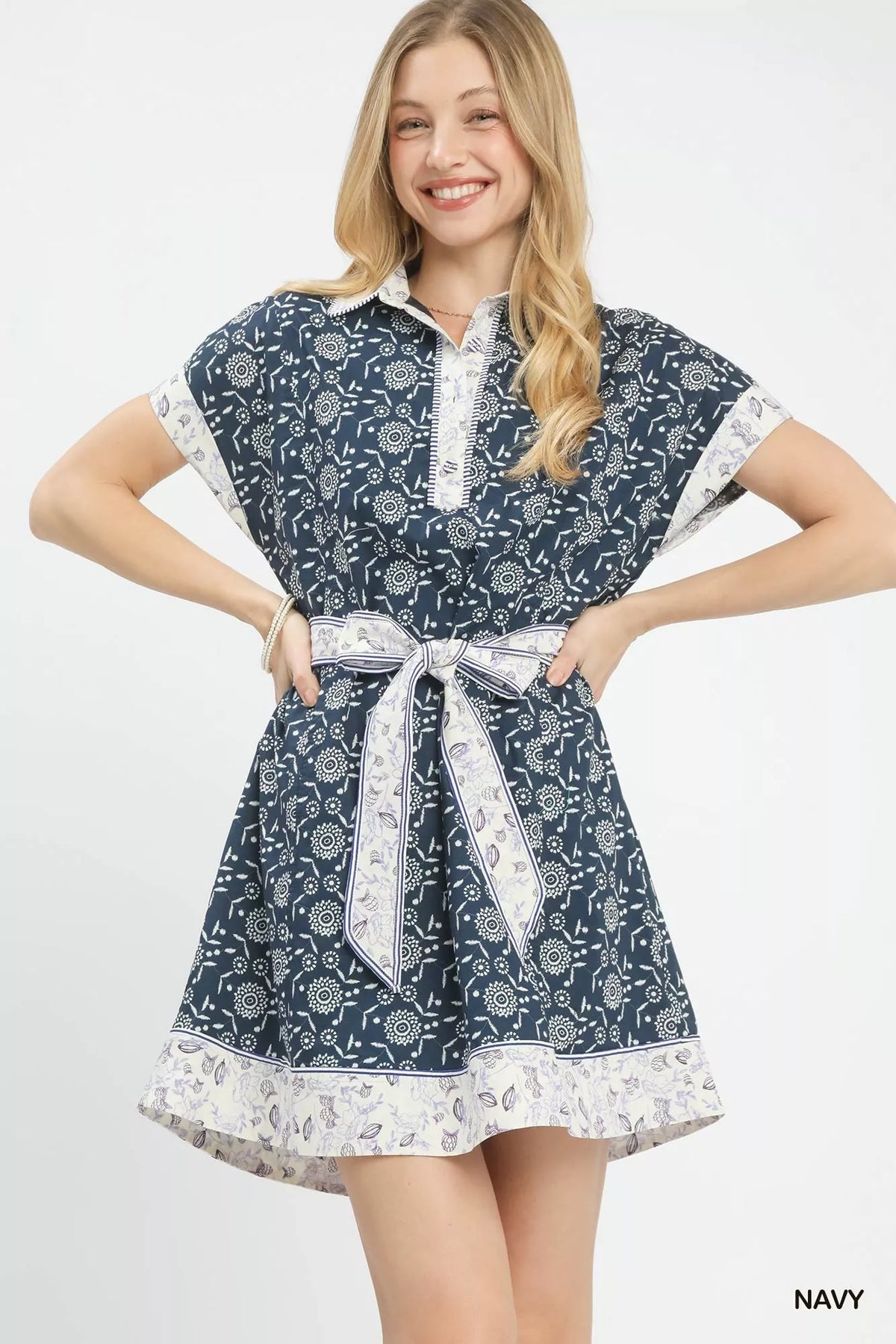 Umgee Border Print Belted Shirt Dress with button-front and removable belt