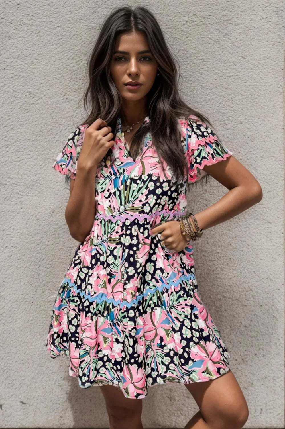 Printed ruffle hem short sleeve mini dress in opaque polyester with basic style and no stretch