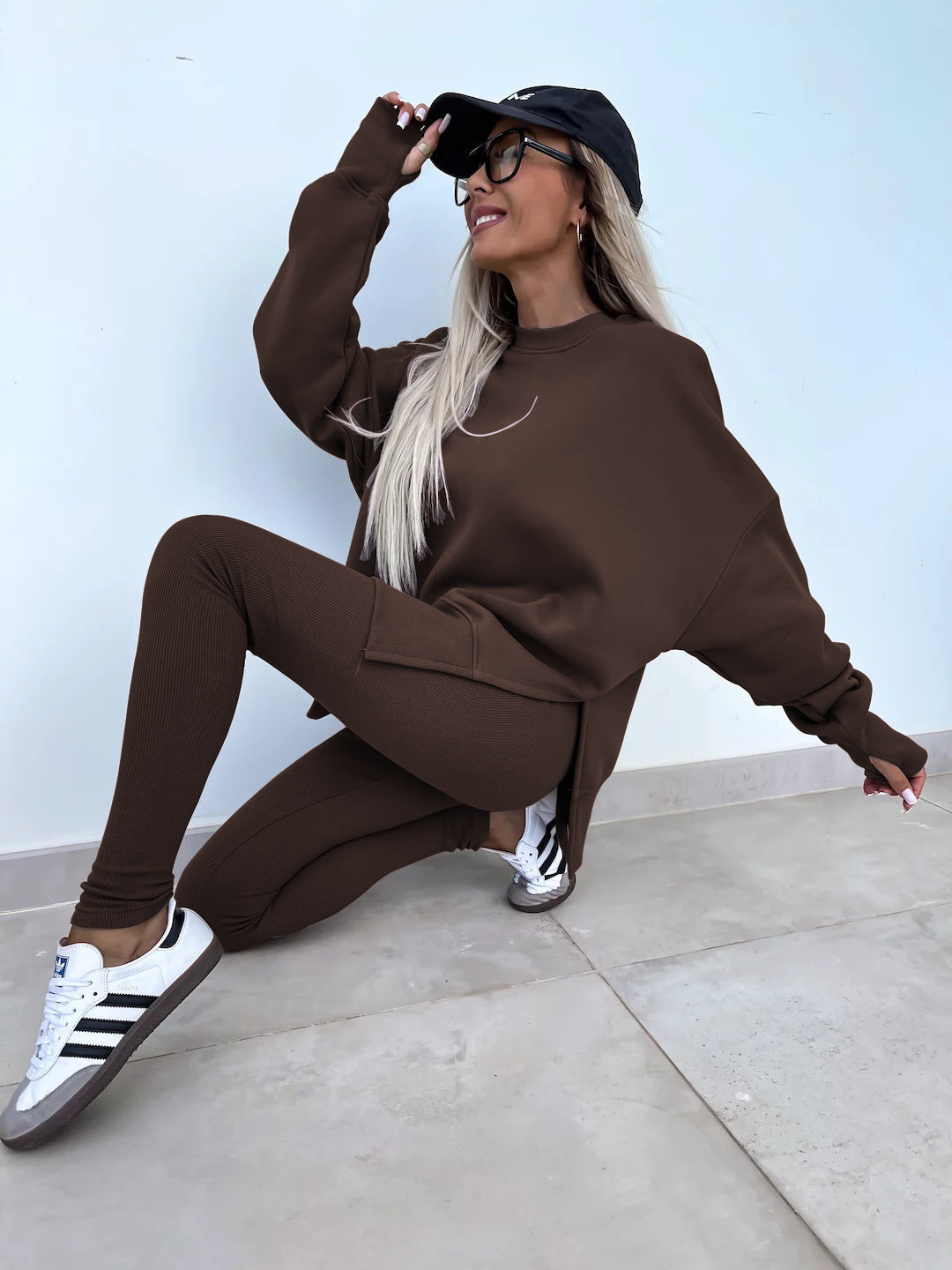 Women’s Casual Sweater Suit – Loose Split Top & Fitted Trousers Set