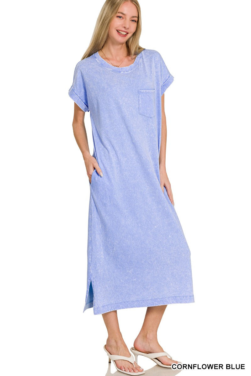 Zenana Washed Exposed Seam short sleeve T-shirt dress with casual vintage style and pocketed slit design