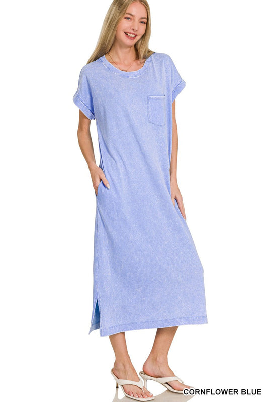 Zenana Washed Exposed Seam short sleeve T-shirt dress with casual vintage style and pocketed slit design
