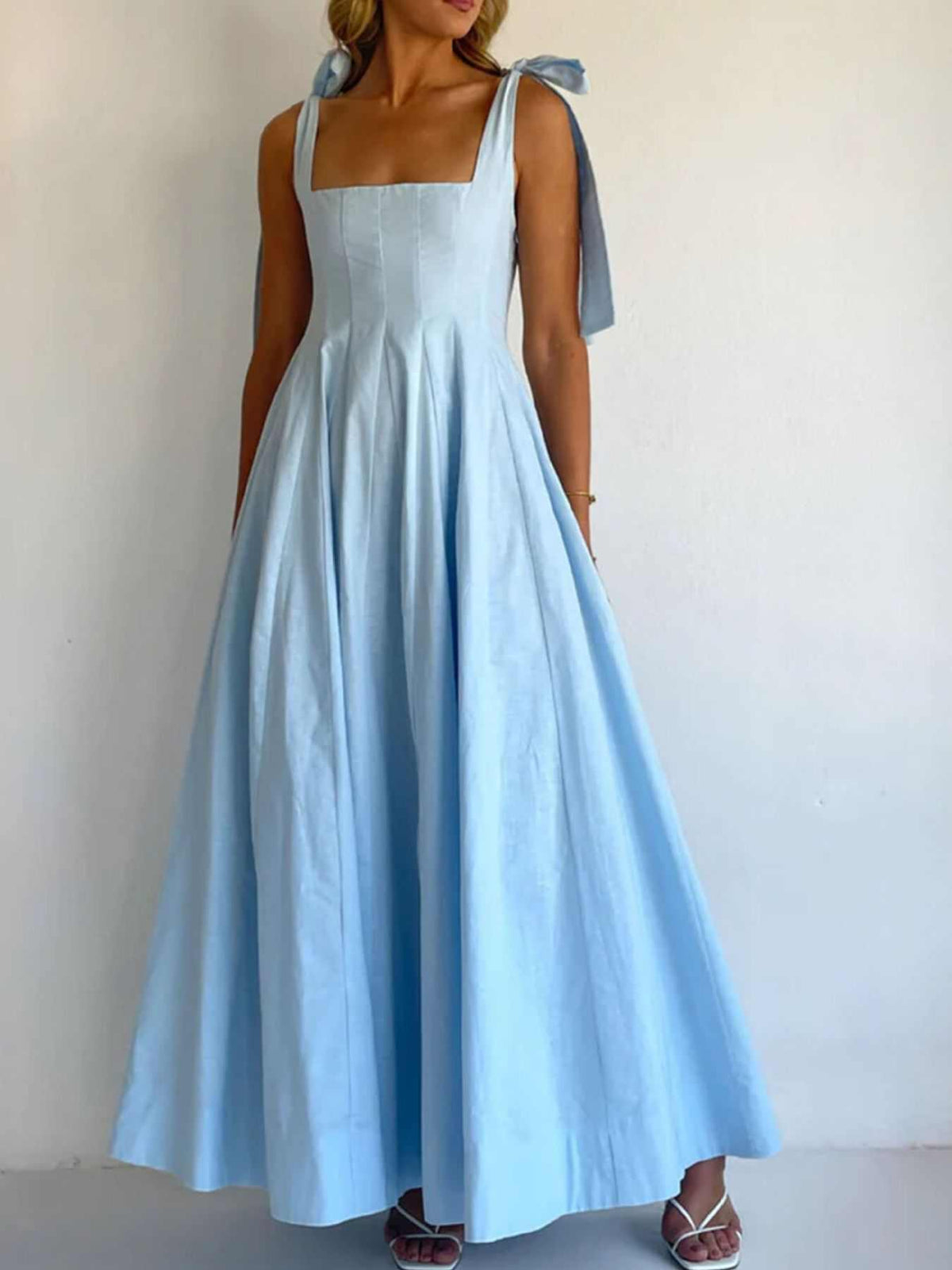 Gradient tie shoulder maxi dress in polyester with no stretch and machine washable care instructions