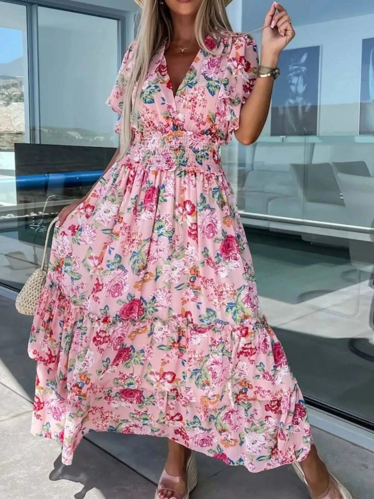 Floral print flutter sleeve maxi dress with smocked waist and tiered frills, 100% polyester, machine washable