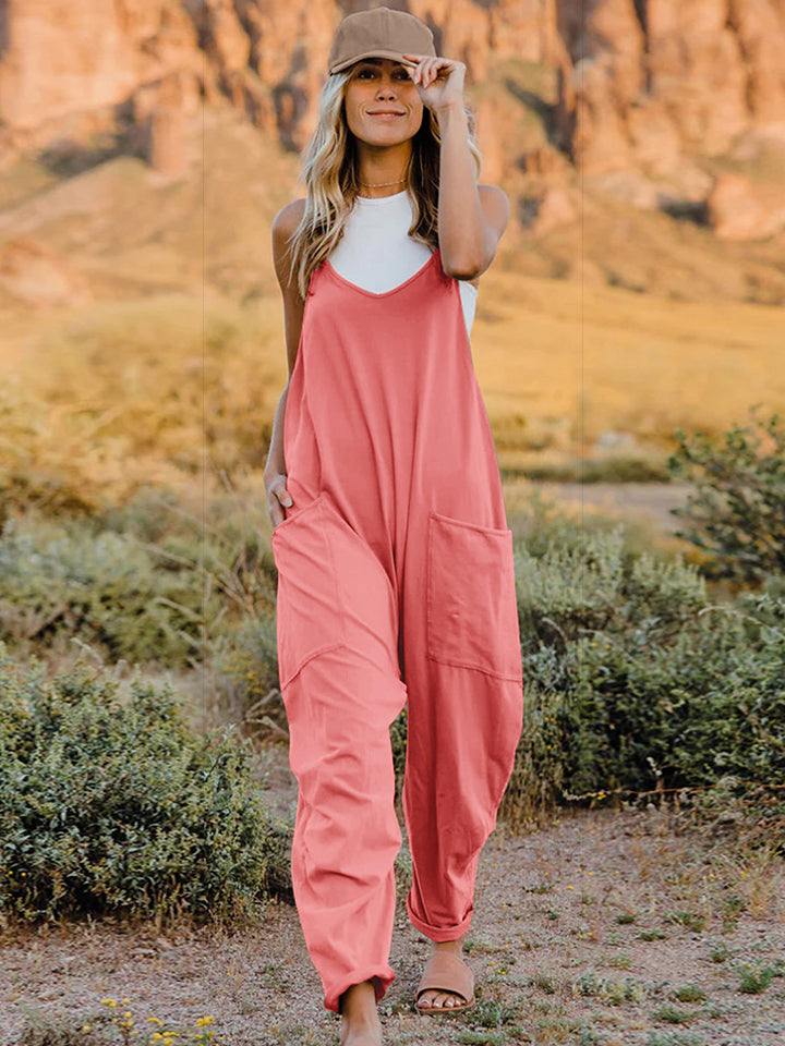 Double Take Full Size sleeveless V-neck jumpsuit with pockets in opaque fabric